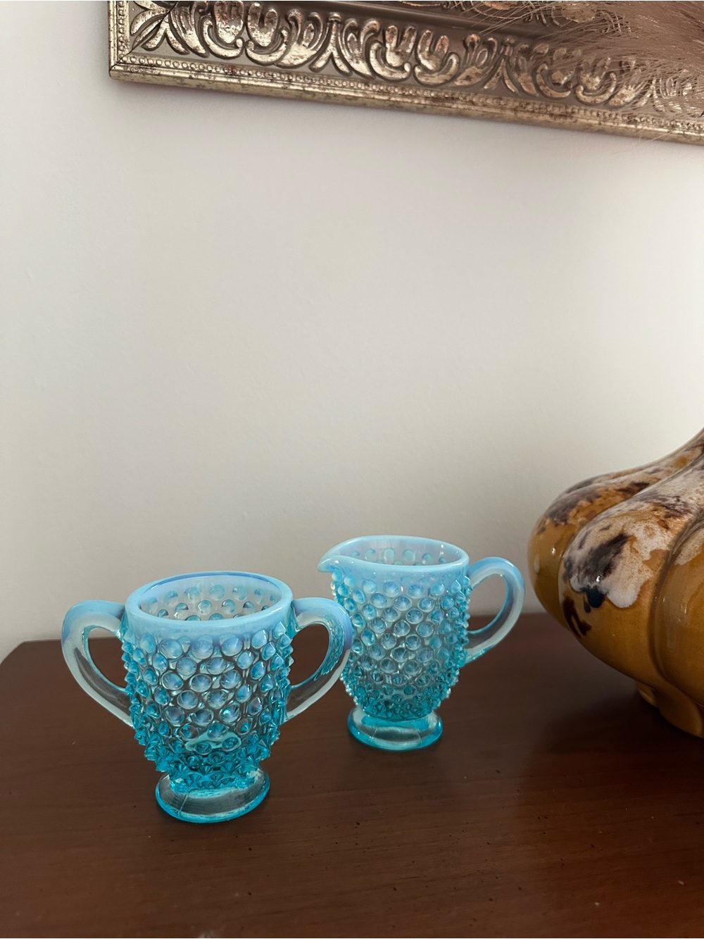Vintage Fenton Blue Hobnail Creamer and Sugar Set